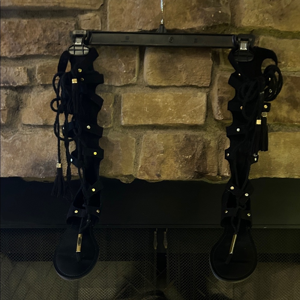 ALDO Black Lace-Up Sandals with Gold Accents and zipper back